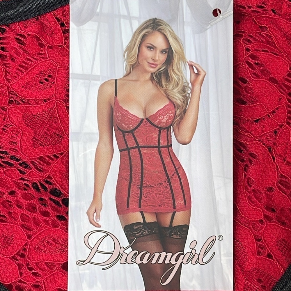 Dreamgirl Ruby Red Lace Underwire Bustier Corset Chemise Garter Strap Size Small